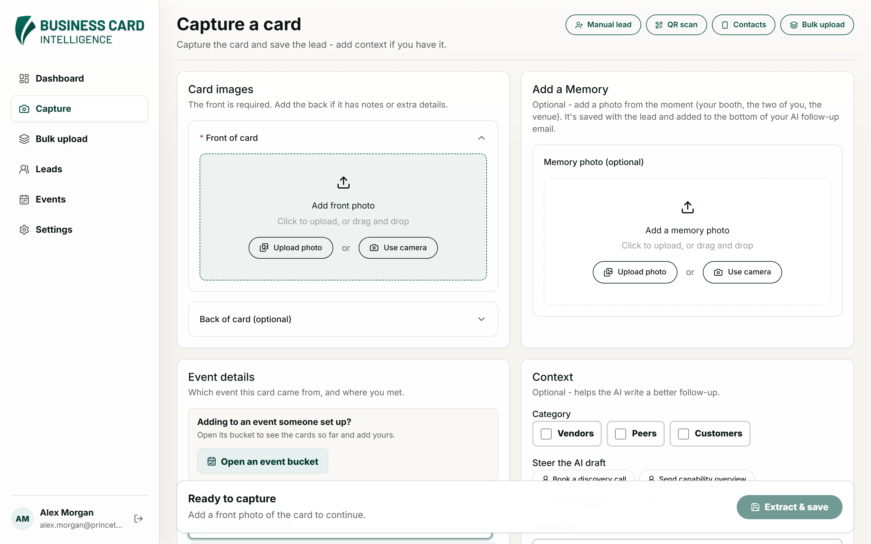 Business card capture page with camera and upload options