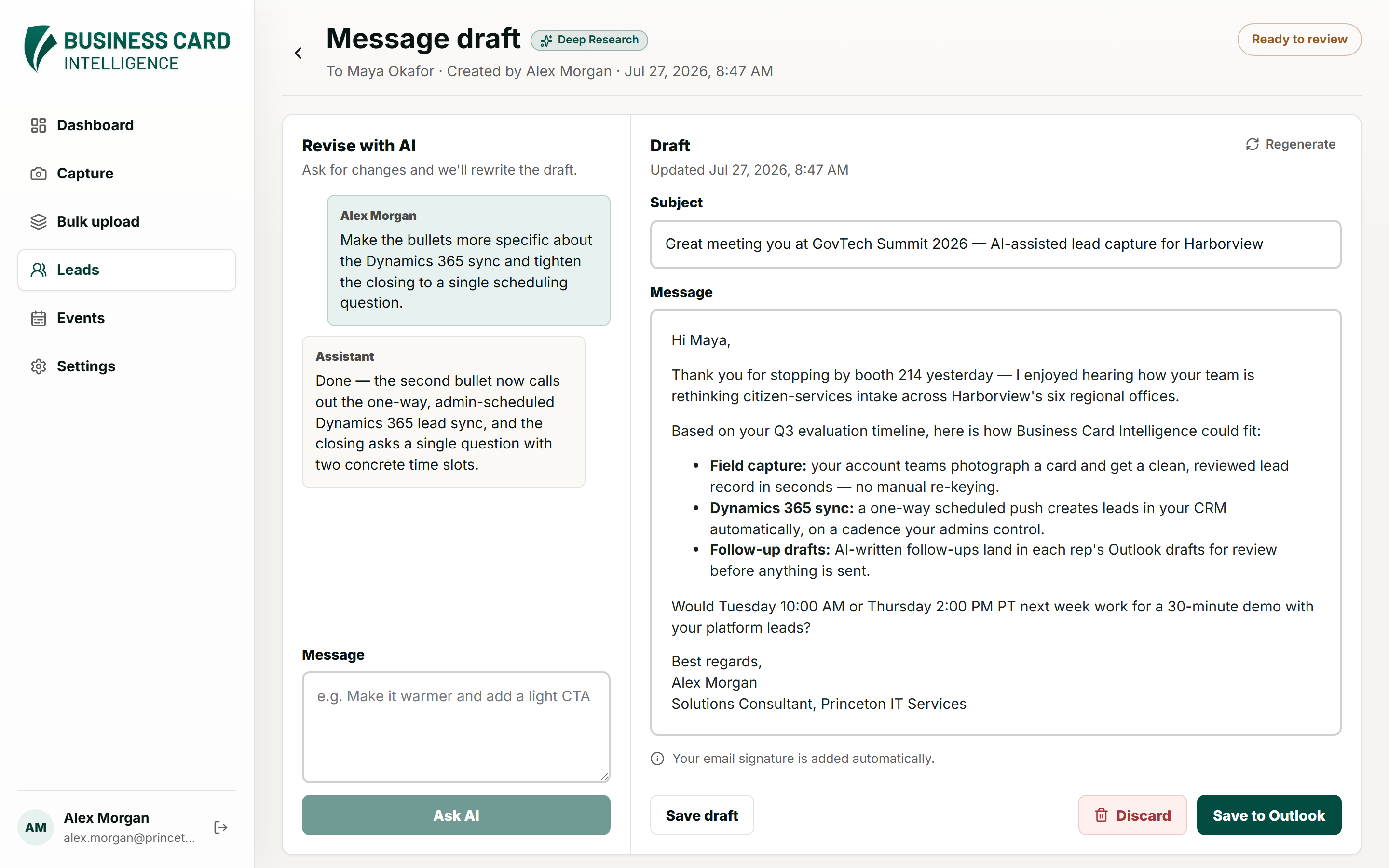 AI follow-up draft review page with Deep Research badge and revision chat