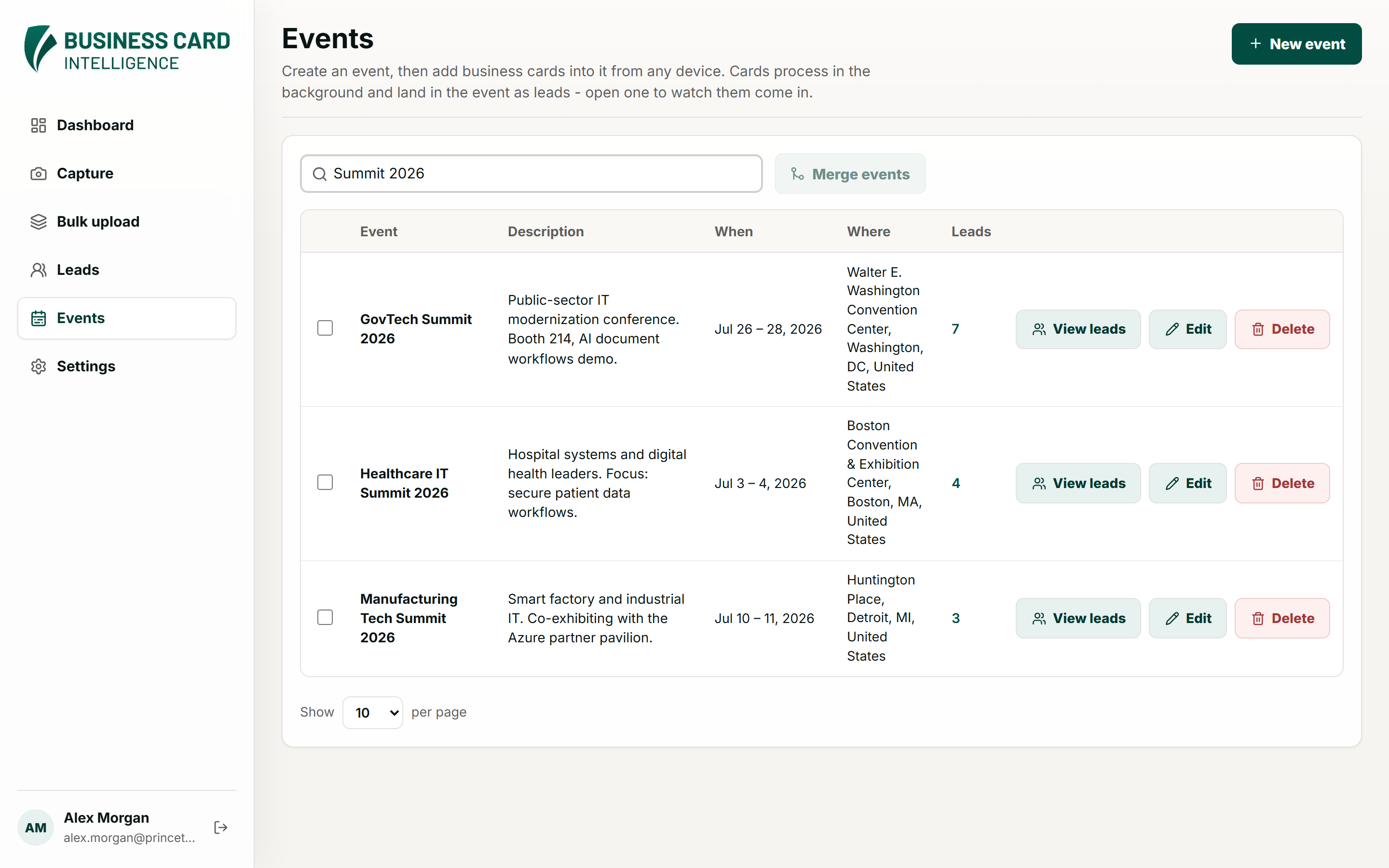 Events page listing conferences with dates, venues, and lead counts