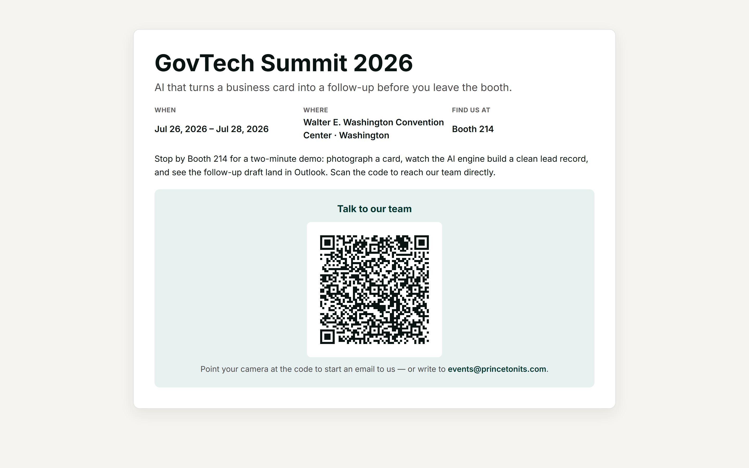 Public booth page for an event with a large QR code