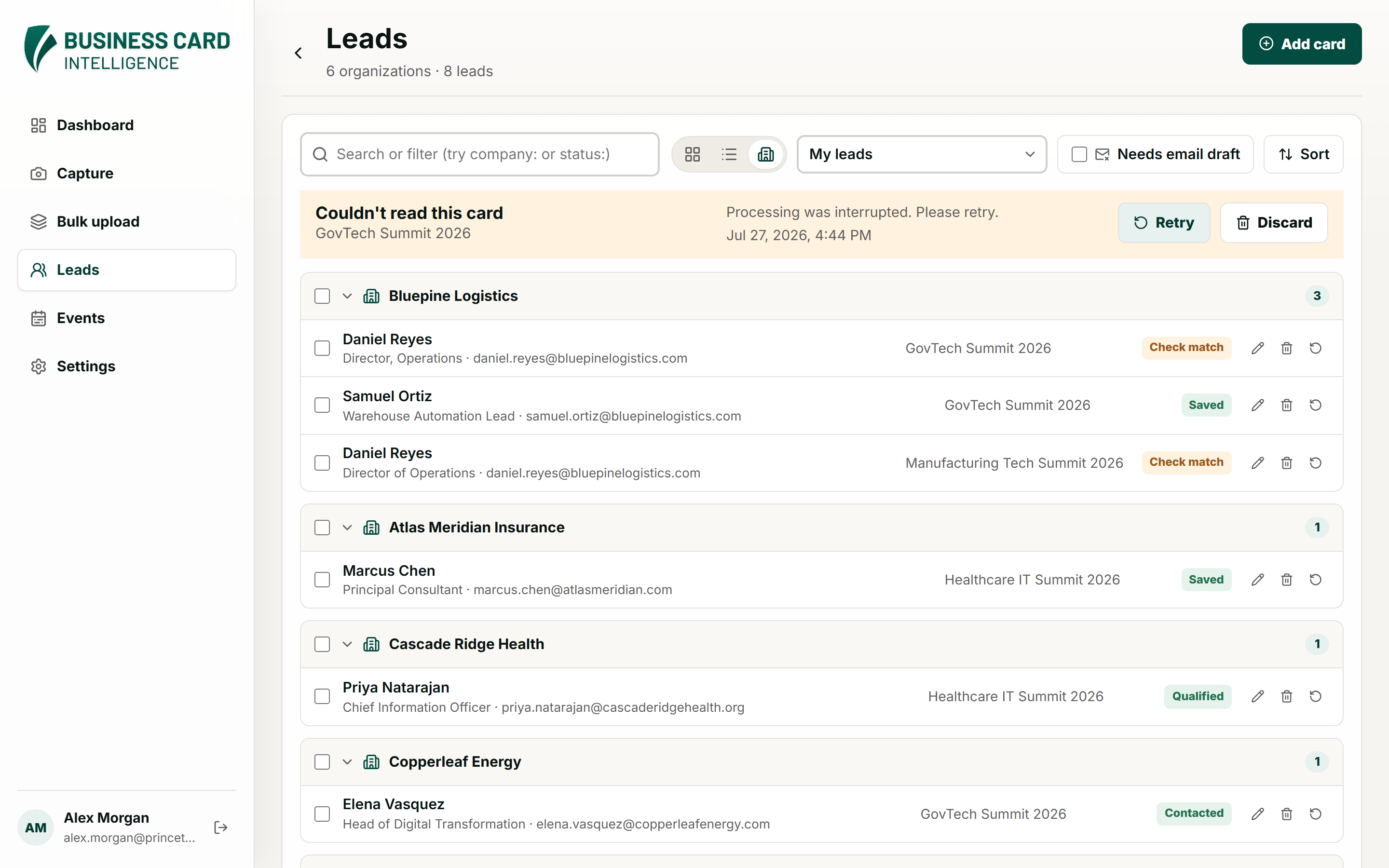 Lead list grouped by organization with search and filters