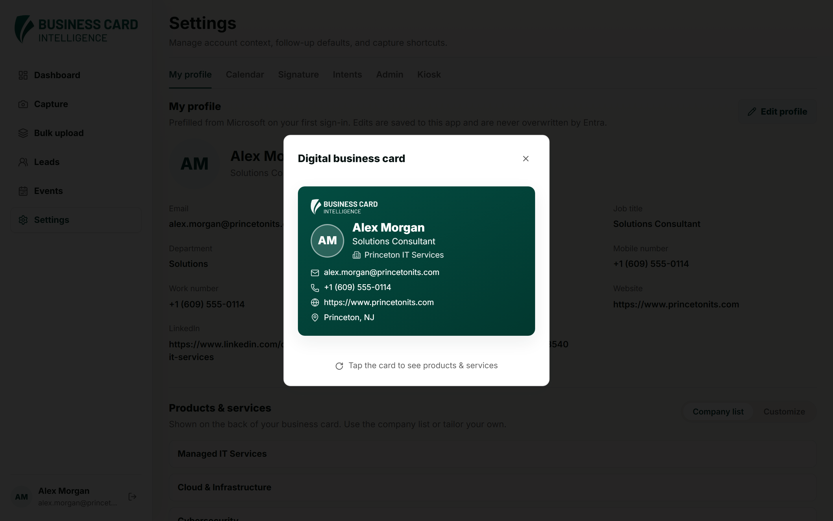 Digital business card modal showing a branded contact card