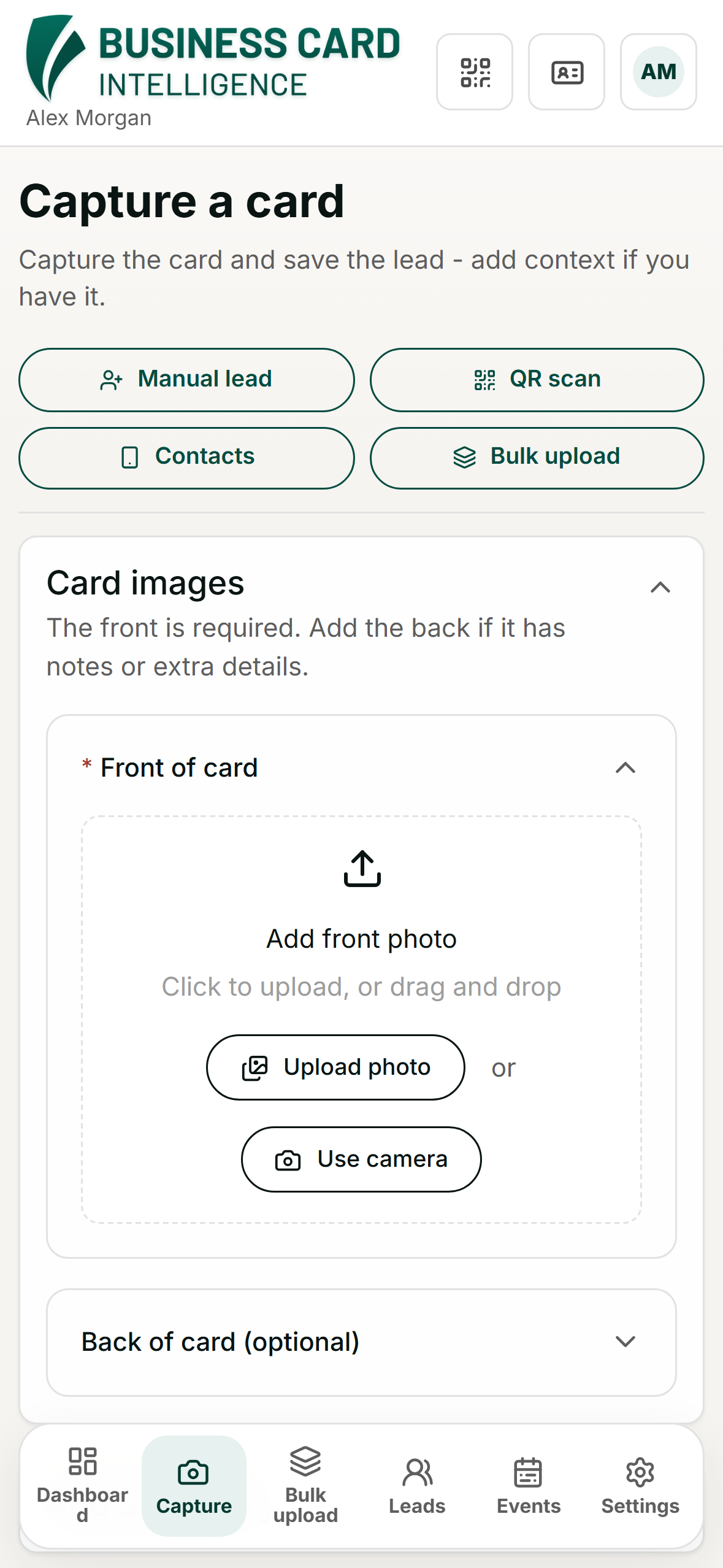 Mobile business card capture screen