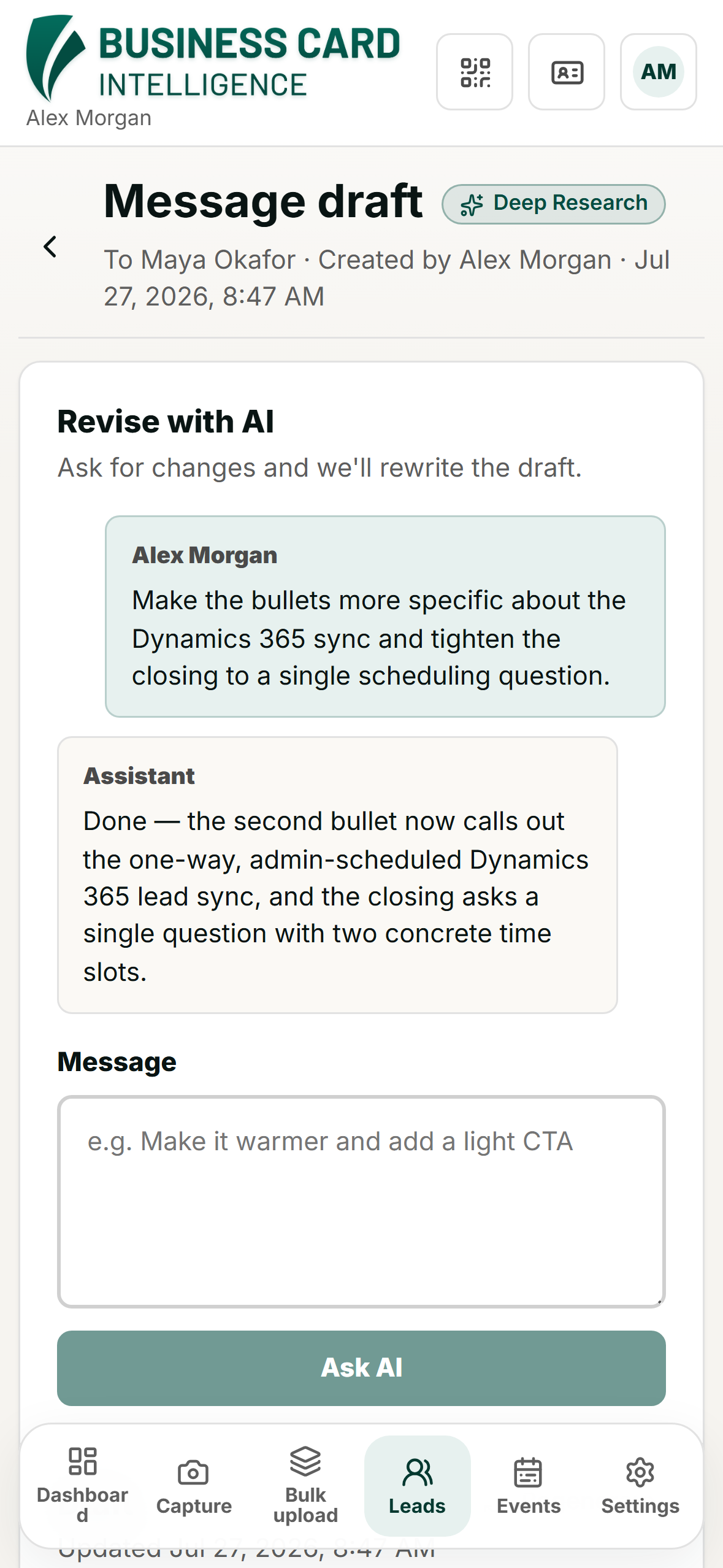 AI follow-up draft review on a phone