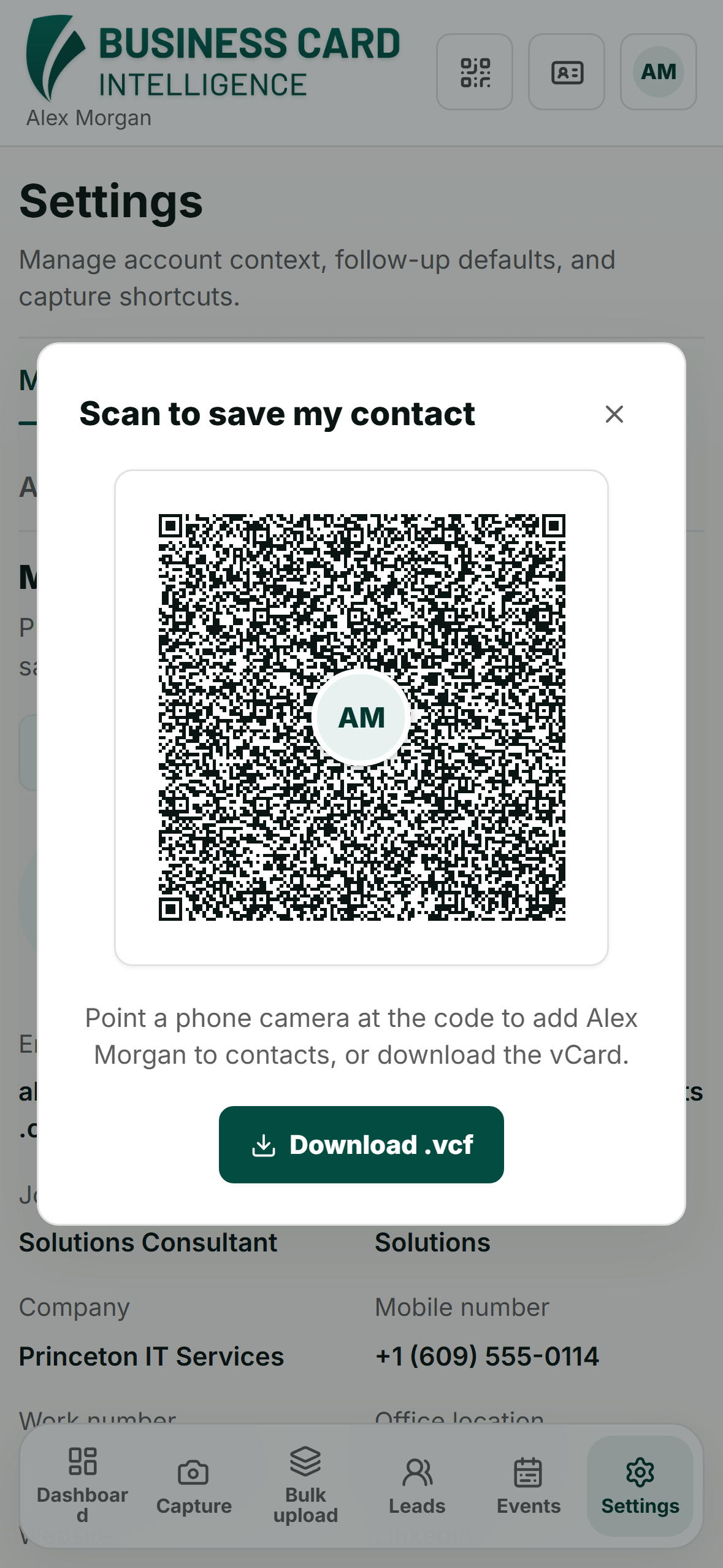A user's own contact QR code on a phone, ready to be scanned